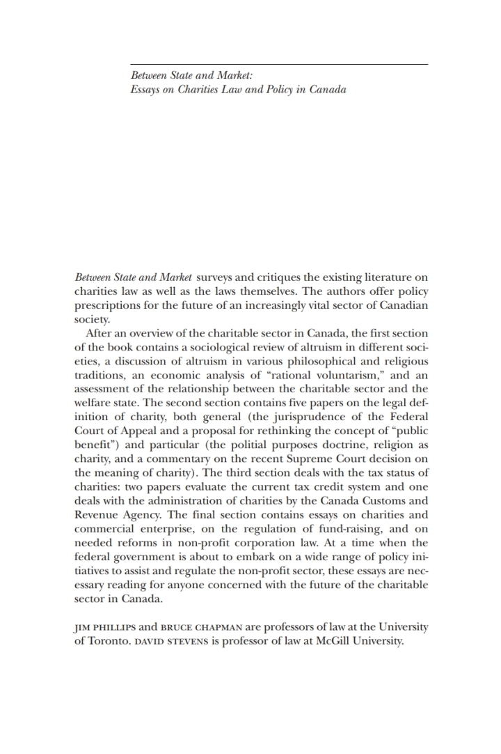 Between State and Market: Essay on Charities Law and Policy in Canada ebook